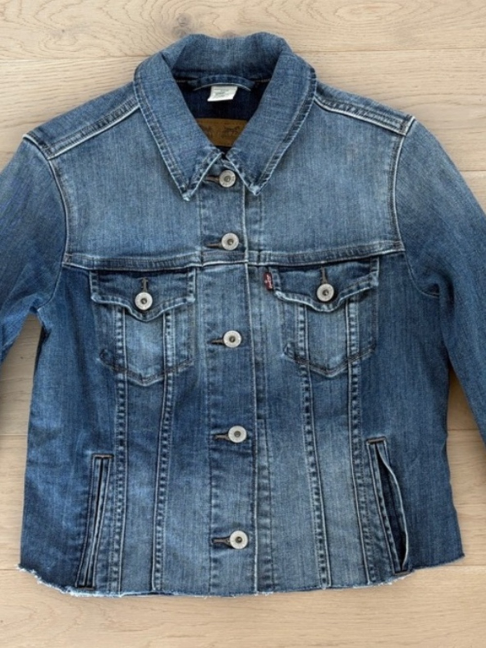 Levi's Vintage Raw Cropped Dark Blue Denim Jacket with Brown Leather Patch (S)